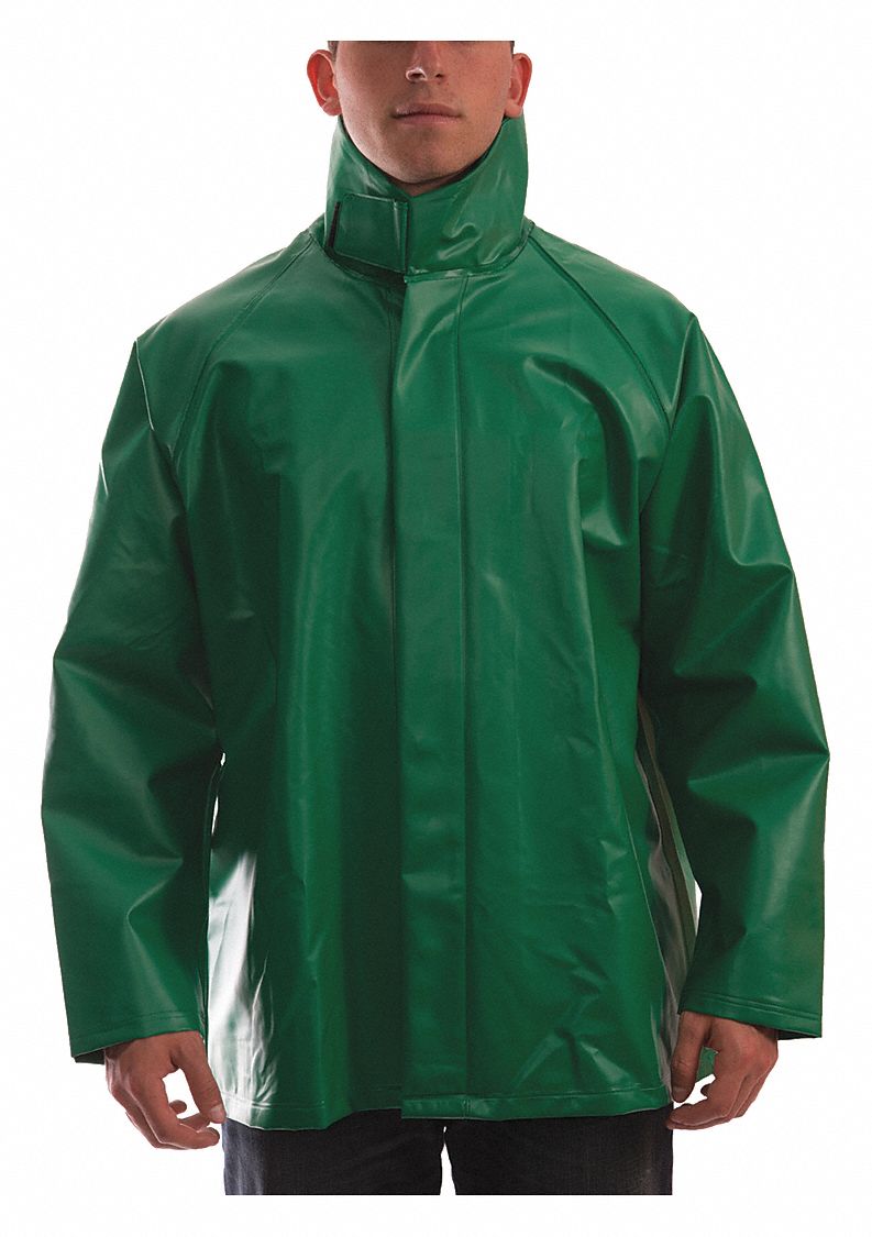 CHEMICAL SPLASH/RAIN JACKET, 4XL, GREEN, SNAPS WITH STORM FLAP, HEAVY-DUTY PVC