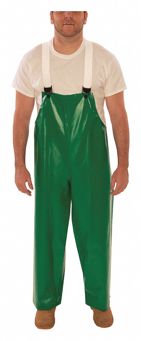 FLAME-RESISTANT RAIN BIB OVERALLS, PVC/POLYESTER, M, GREEN, 30 X 42, SNAP