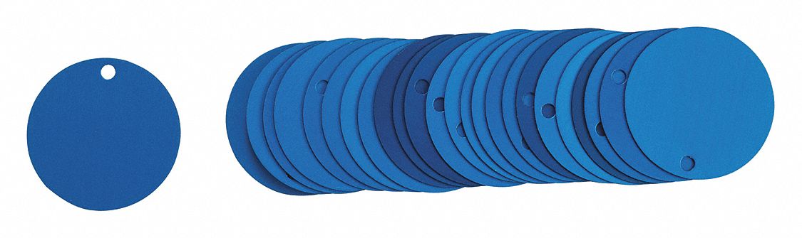 Blank Tags: Aluminum, 2 in Dia, Blue, Round, 2 in, 25 PK