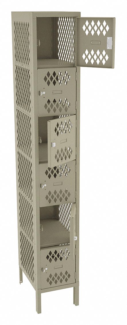 Box Locker: 12 in x 18 in x 78 in, 6 Tiers, 1 Units Wide, Ventilated, Padlock Hasp, Tan, Tan