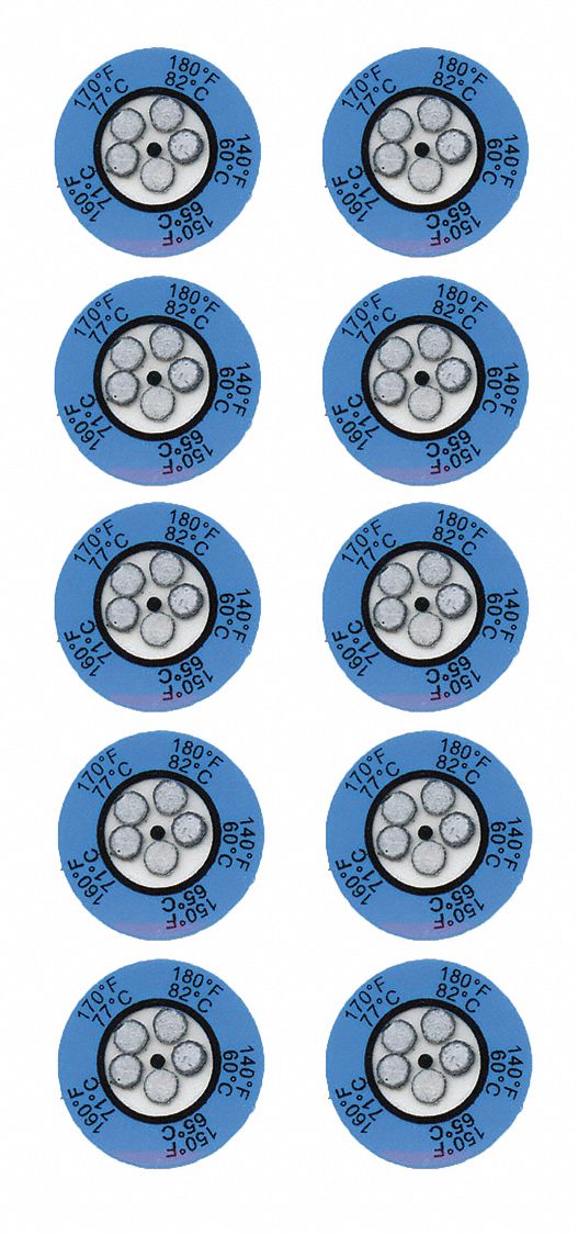 Non-Reversible Temp Indicator: Celsius/Fahrenheit, Non-Reversible, ±1°C, 5 Points, 10 PK