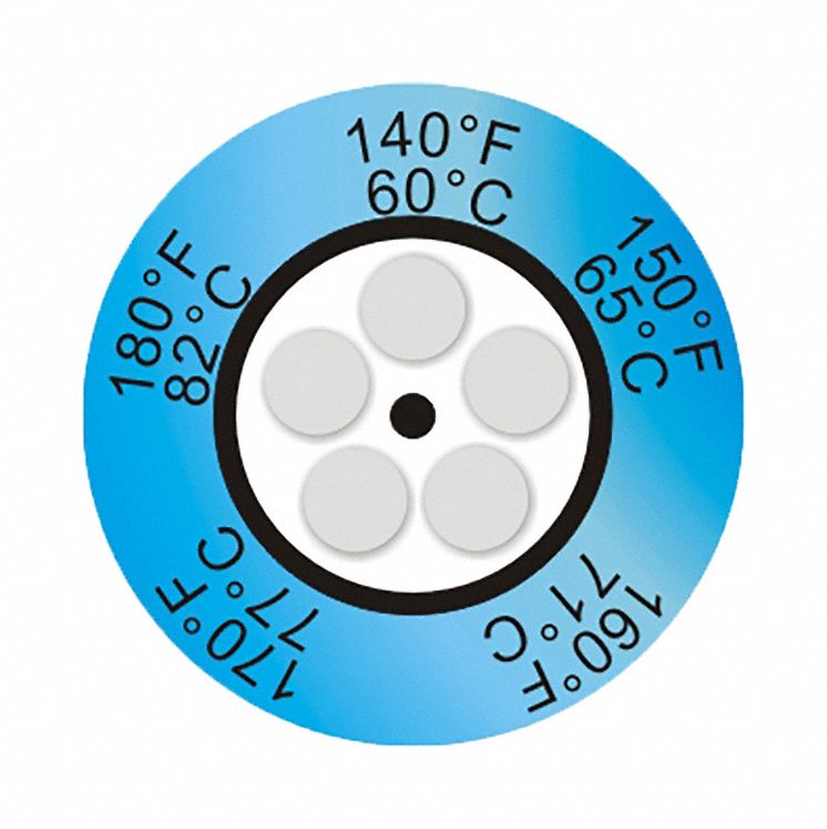 Non-Reversible Temp Indicator: Round Dot, 5 Points, 10 Pack Qty, 60ºC/65ºC/71ºC/77ºC/82ºC, 10 PK