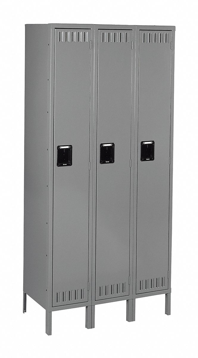 Wardrobe Locker: 36 in x 18 in x 66 in, Louvered, 1 Tiers, 3 Units Wide, Padlock Hasp, Gray