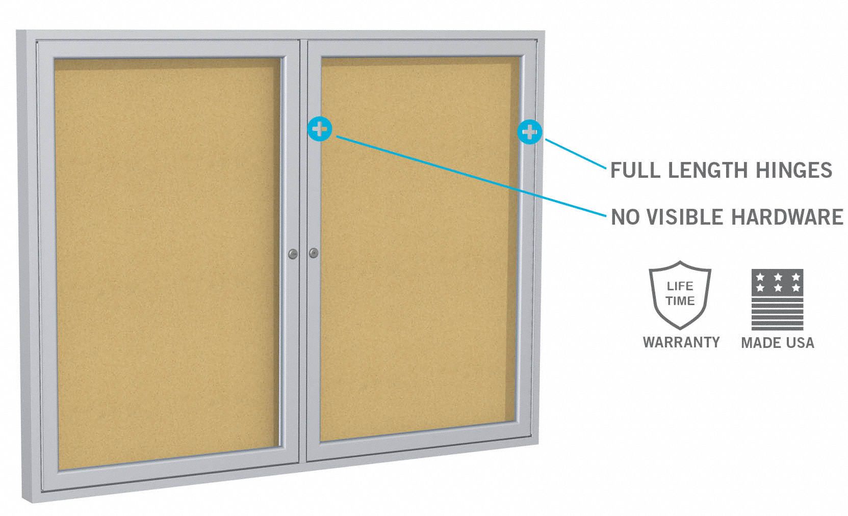 GHENT Enclosed Bulletin Board Cork, 60 in Wd, 36 in Ht, Locks/(2) Keys