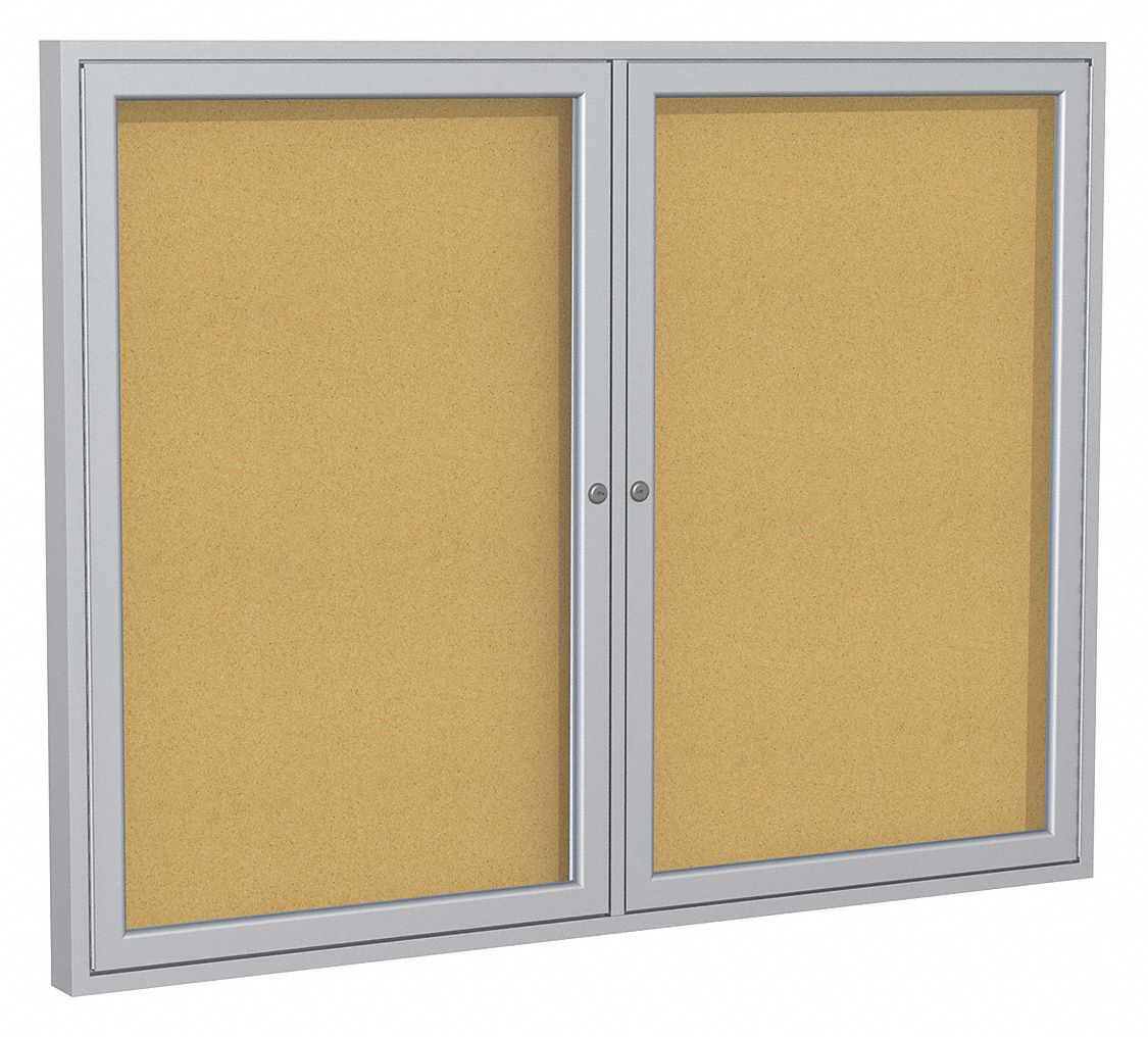 Enclosed Bulletin Board: Swing Door, Aluminum, 36 in Overall Ht, 48 in Overall Wd, Natural