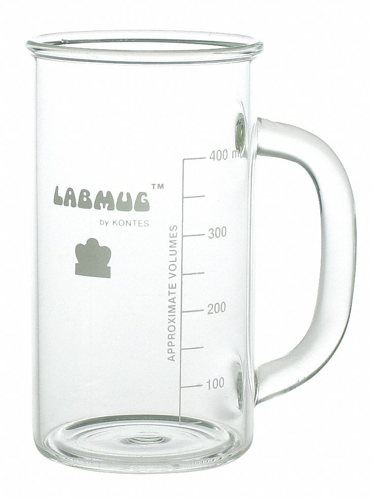 Beaker: Borosilicate Glass, Tall Form with Handle, 500 mL Capacity - mL, 16.9 fl oz Capacity - oz, A