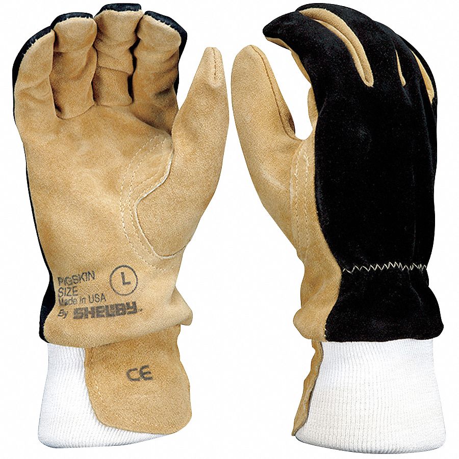 Firefighters Gloves: Wildland, Knit, XL, Pigskin, Black/Tan, Stretch Cordura Fabric, 1 PR