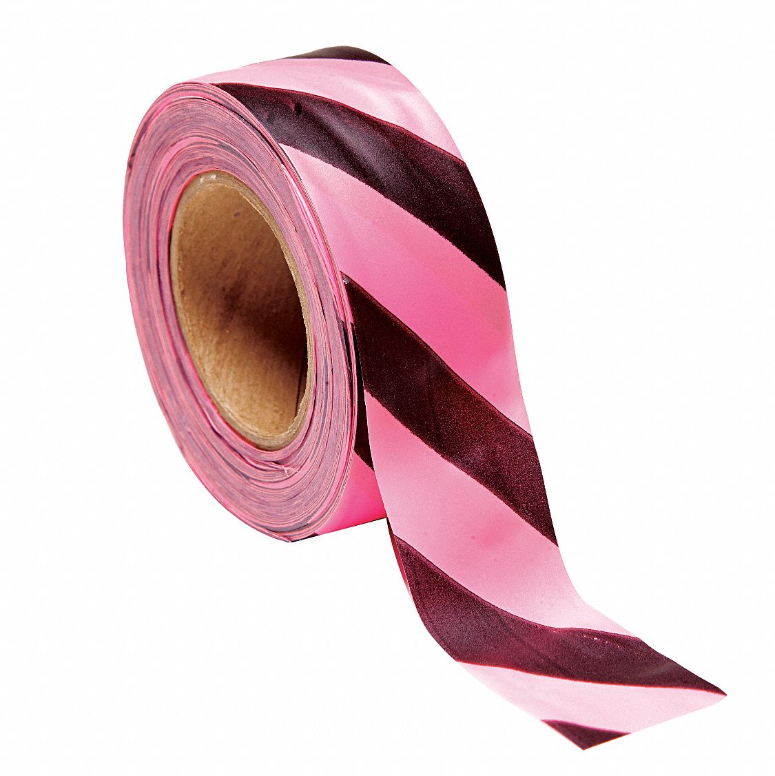 Flagging Tape: Black/Fluorescent Pink, No Legend, Diagonal Stripe, 150 ft Lg, 1 3/16 in Wd, Vinyl