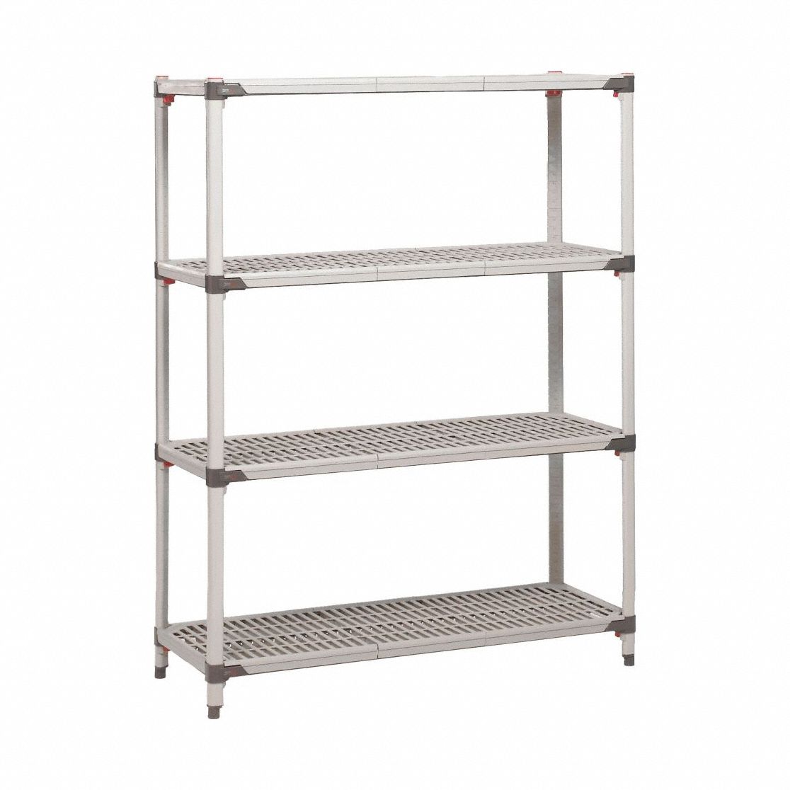 Plastic Shelving: 72 in x 24 in, 62 in Overall Ht, 4 Shelves, 800 lb Load Capacity per Shelf