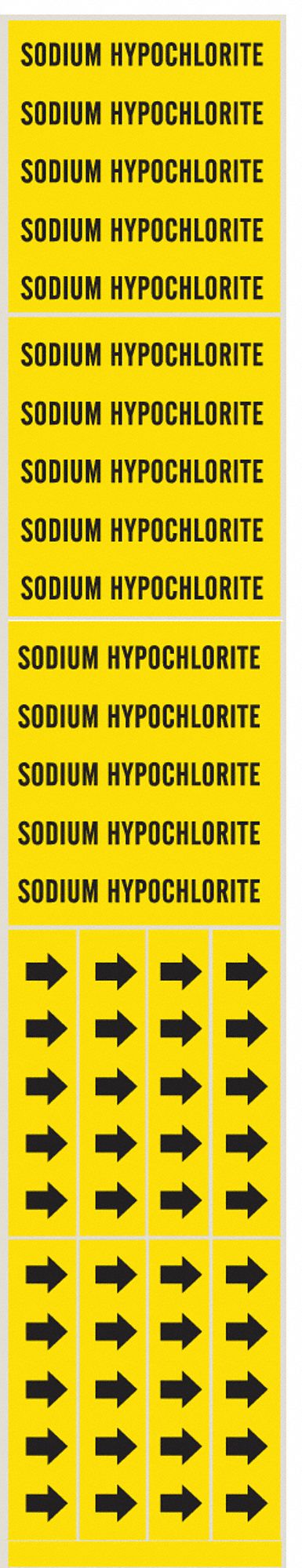 Pipe Marker: Sodium Hypochlorite, Yellow, Black, Fits 3/4 in and Smaller Pipe O.D., 3 Pipe Markers