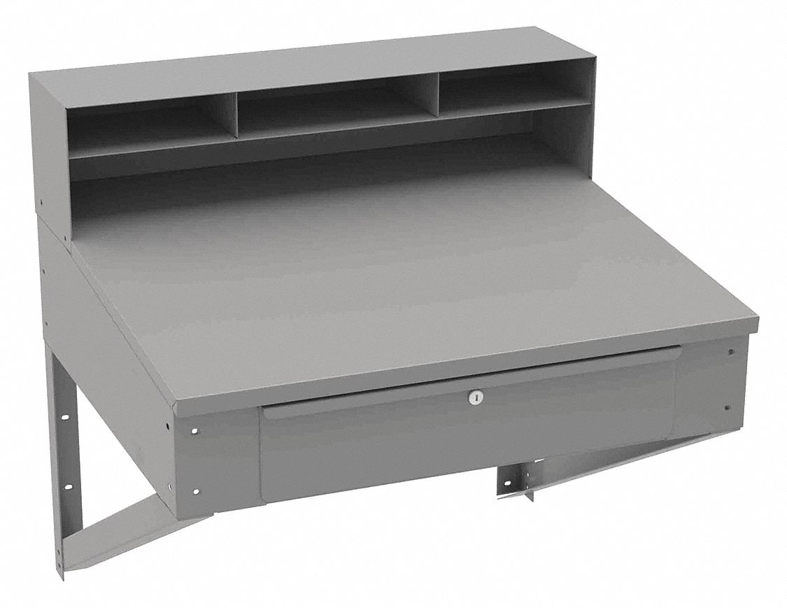 Stationary Wall Mount Desk: Locking, Gray, 29 in Open Dp, 17 1/2 in Overall Ht