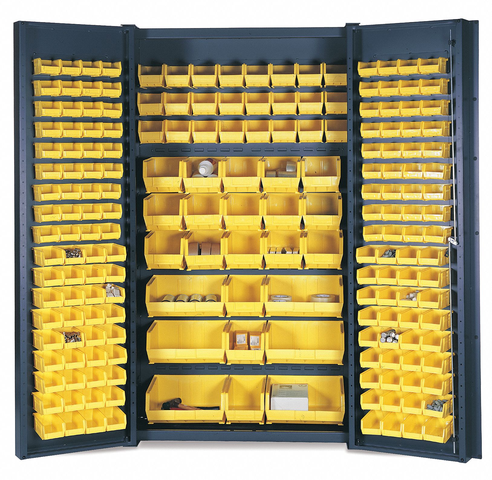 Bin Cabinet: 48 in x 24 in 84 in, 0 Shelves, 192 Bins, Yellow, Deep Box, 14 ga Panel, Gray