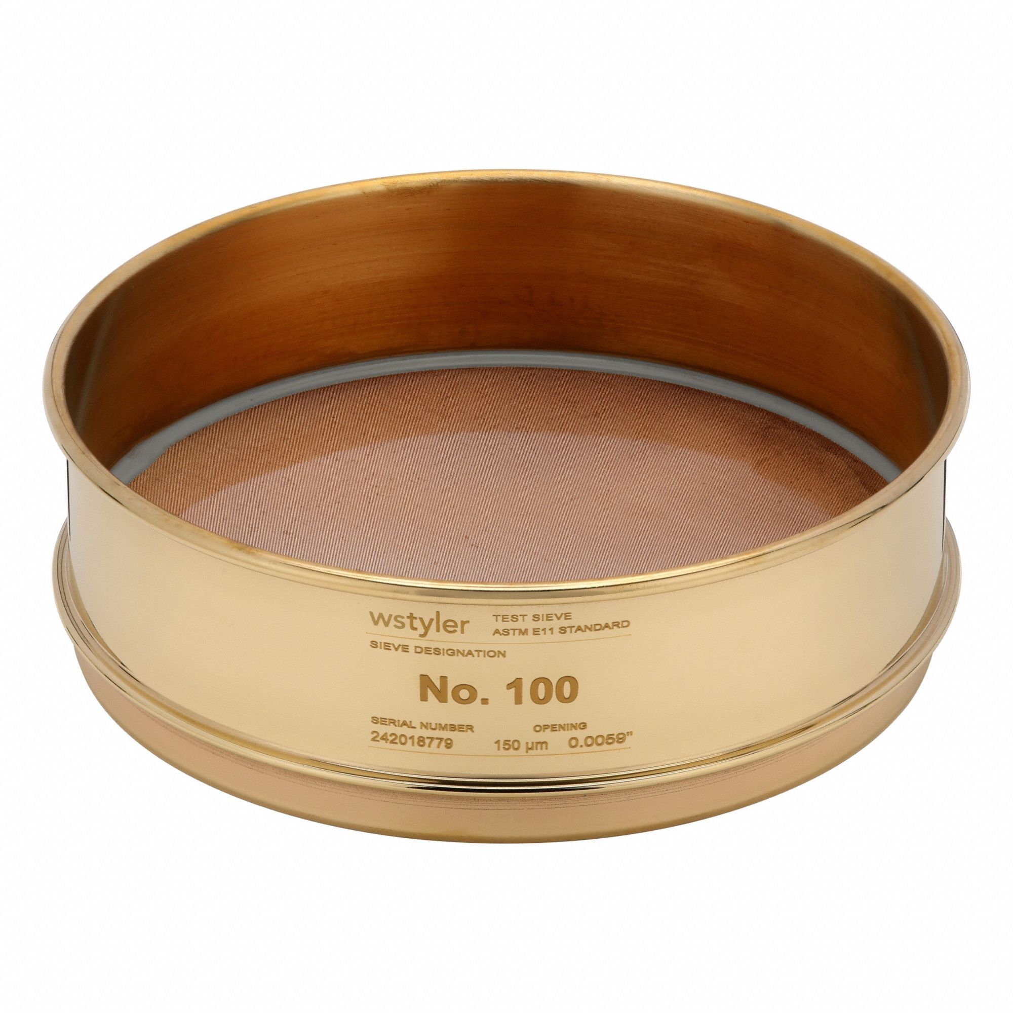 Standard Brass Cloth Test Sieve: Brass, 8 in Outside Dia, 2 5/8 in Ht