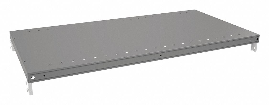 Shelf: 36 in Overall Wd, 18 in Overall Dp, Solid Shelf, 20 ga, Gray, 750 lb Shelf Capacity