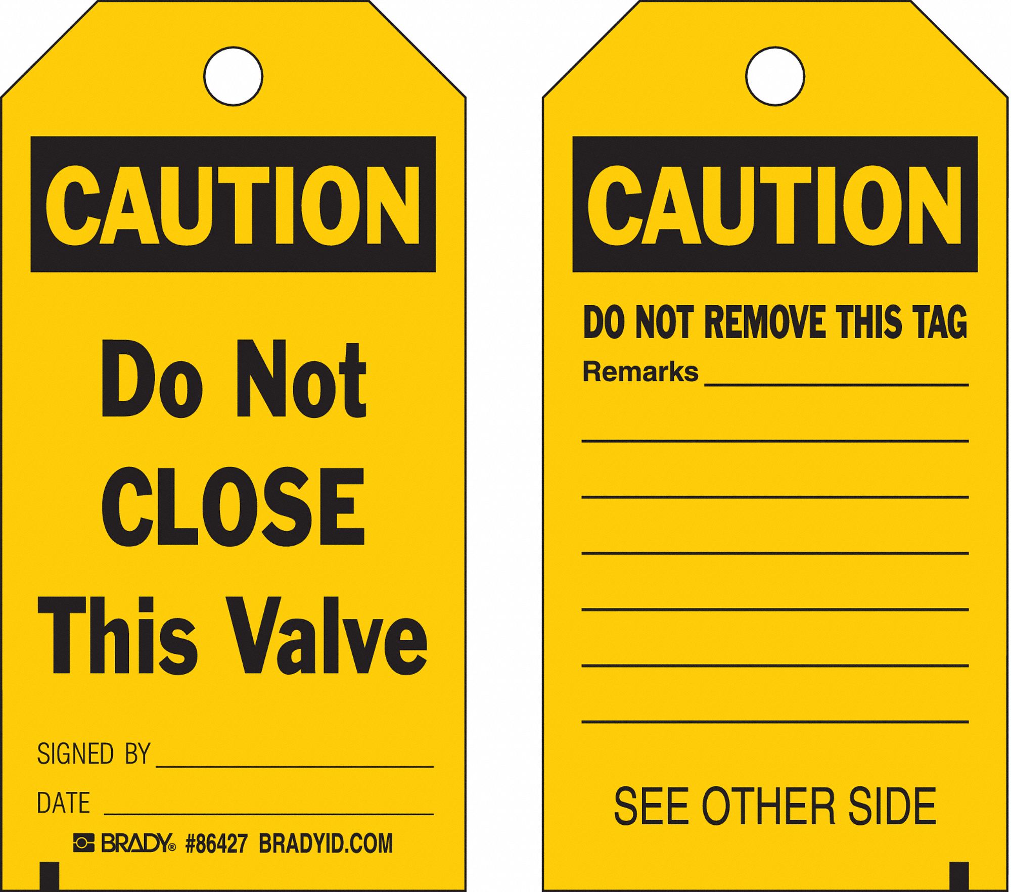 Caution Tags: Black/Yellow, Cable Tie, 10 Tags, 10 PK