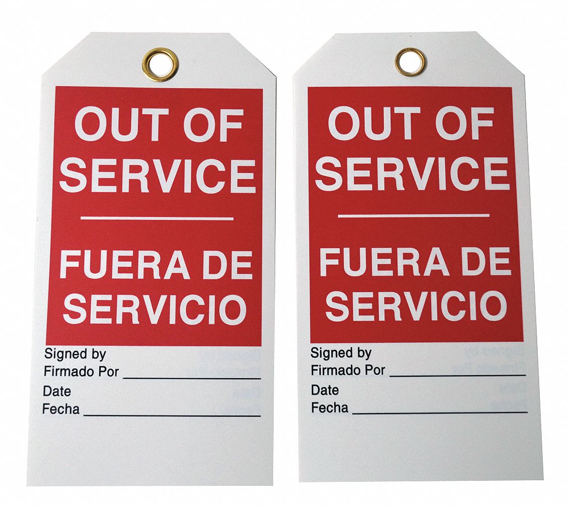 Tag: No Header, 3 in Wd, 5 3/4 in Ht, Red, Rectangle, Polyester, Indoor, English/Spanish, 10 PK