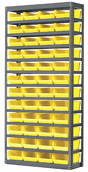 Bin Shelving: 36 in x 12 in x 79 in, 1 Sided, 96 Bins, Open, Shelf Bin, Yellow, 13 Shelves