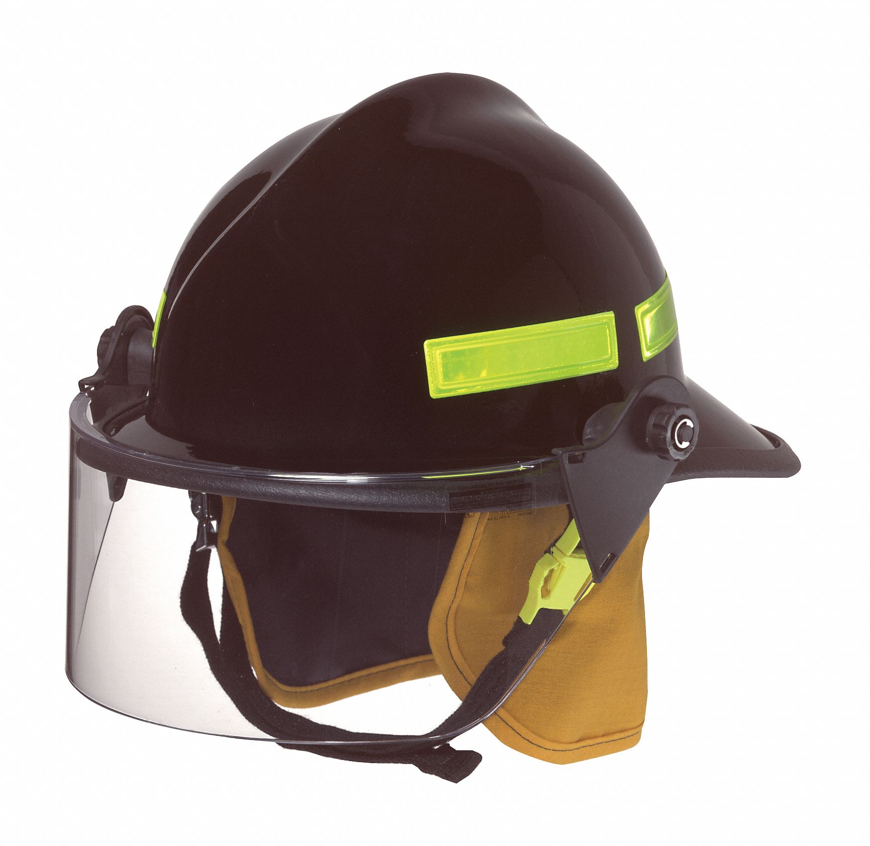 FIRE HELMET W/ FACESHIELD, FIBREGLASS, RATCHET, BLACK, 6 3/8 TO 8 3/8