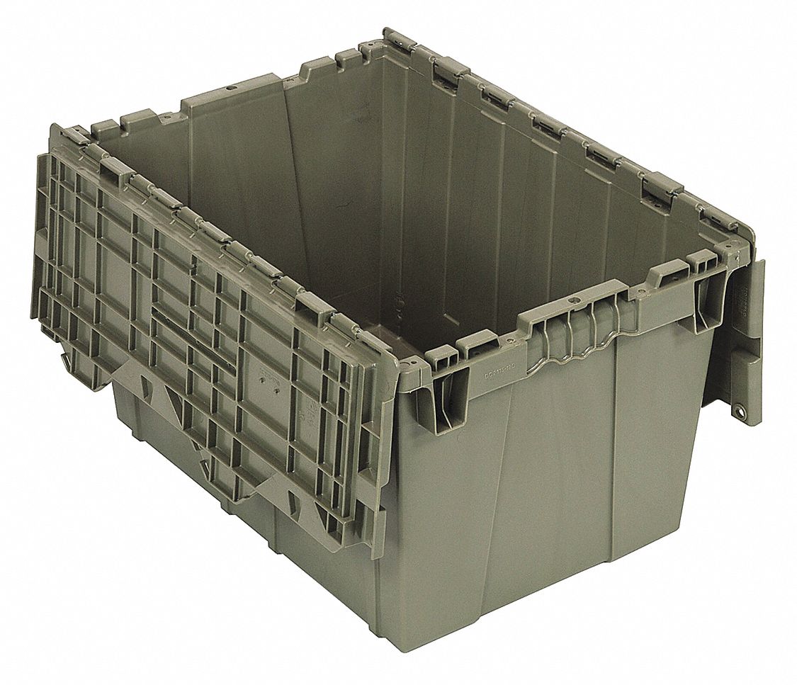 Attached Lid Tote: 12.5 gal, 21 3/4 in x 15 in x 12 3/4 in, Gray Body