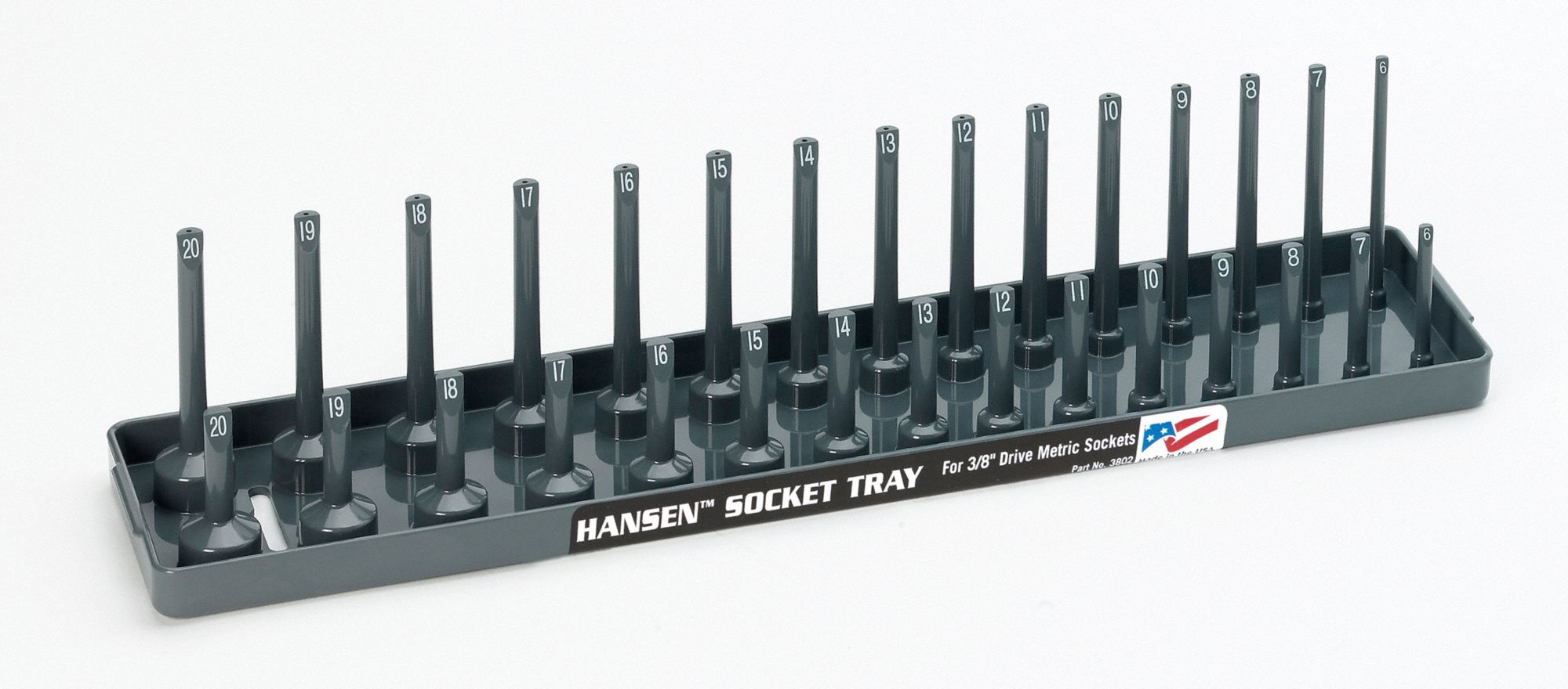 Socket Tray: Gray, 3 in Overall Wd, 3 in Overall Ht, 3/8 in For Socket Size/Type, Plastic