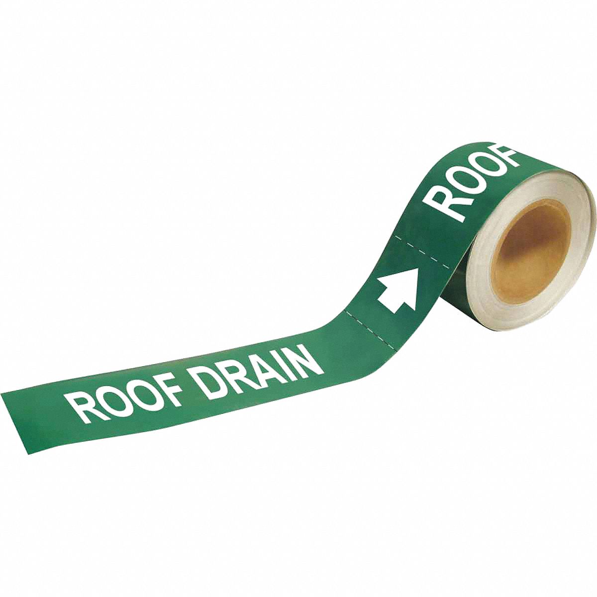 Pipe Marker: Roof Drain, Green, White, Fits 2 1/2 to 6 in Pipe O.D., 25 Pipe Markers, With Arrows
