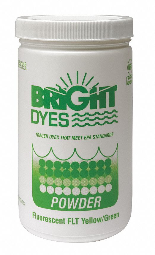 Dye Tracer Powder: Yellow/Green, 1 lb Container Size, Water Tracing Dye, 3 to 6 min