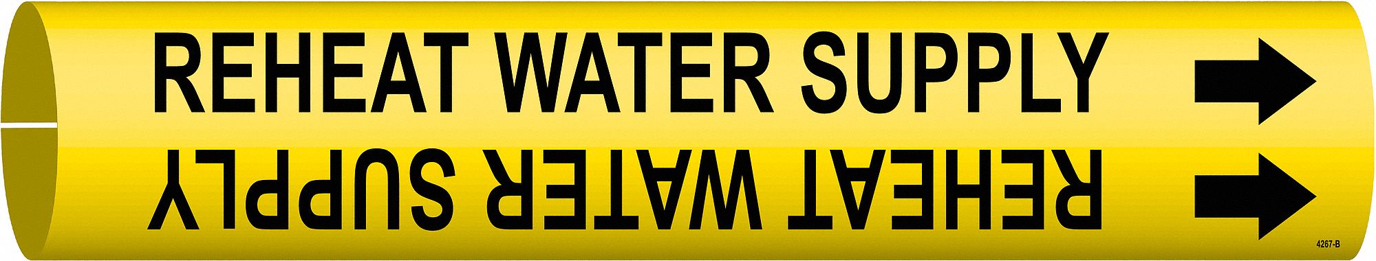 Pipe Marker: Reheat Water Supply, Yellow, Black, Fits 1 1/2 to 2 3/8 in Pipe O.D., 1 Pipe Markers