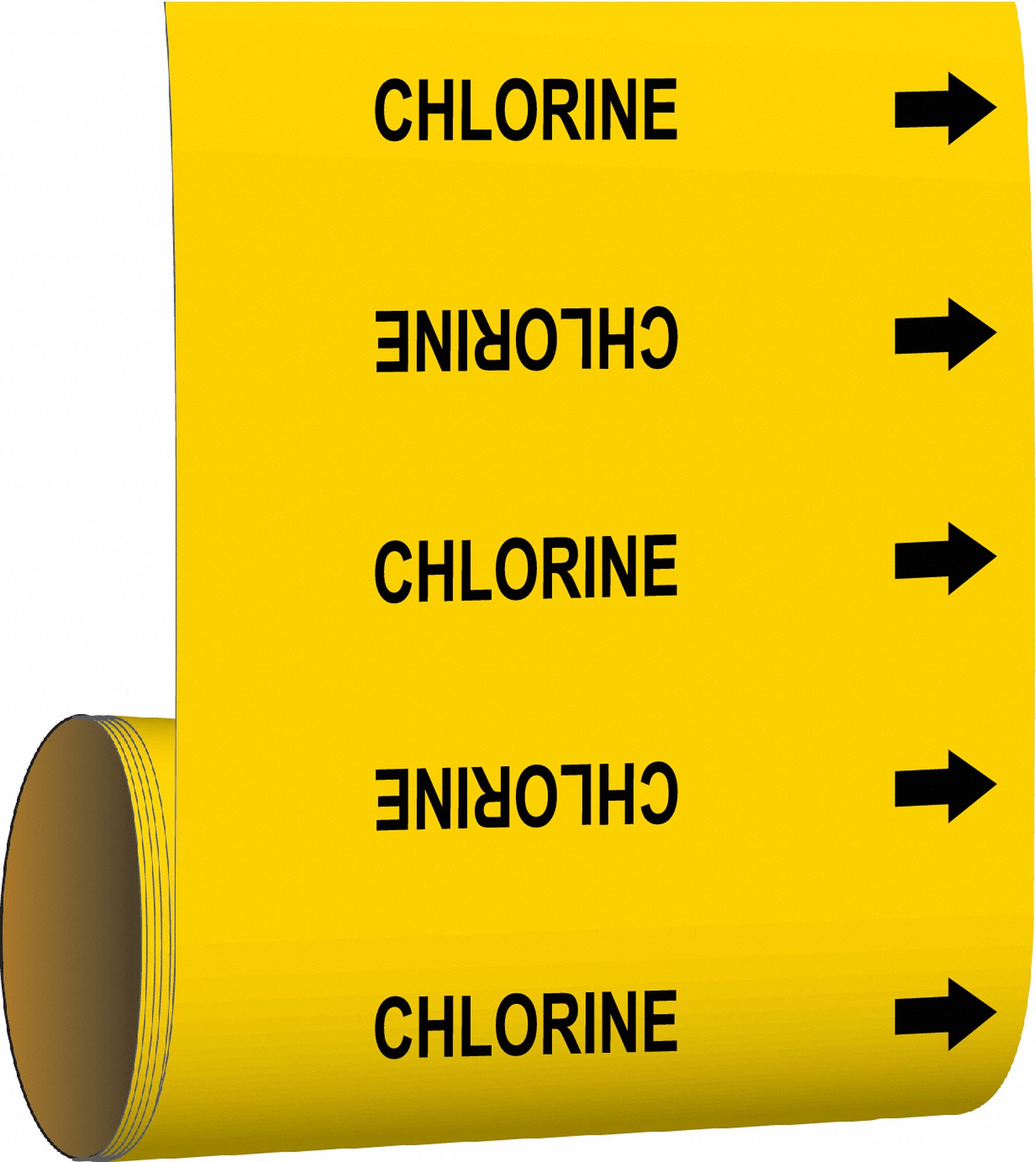 Pipe Marker: Chlorine, Yellow, Black, Fits 2 in and Smaller Pipe O.D., 30 Pipe Markers, With Arrows