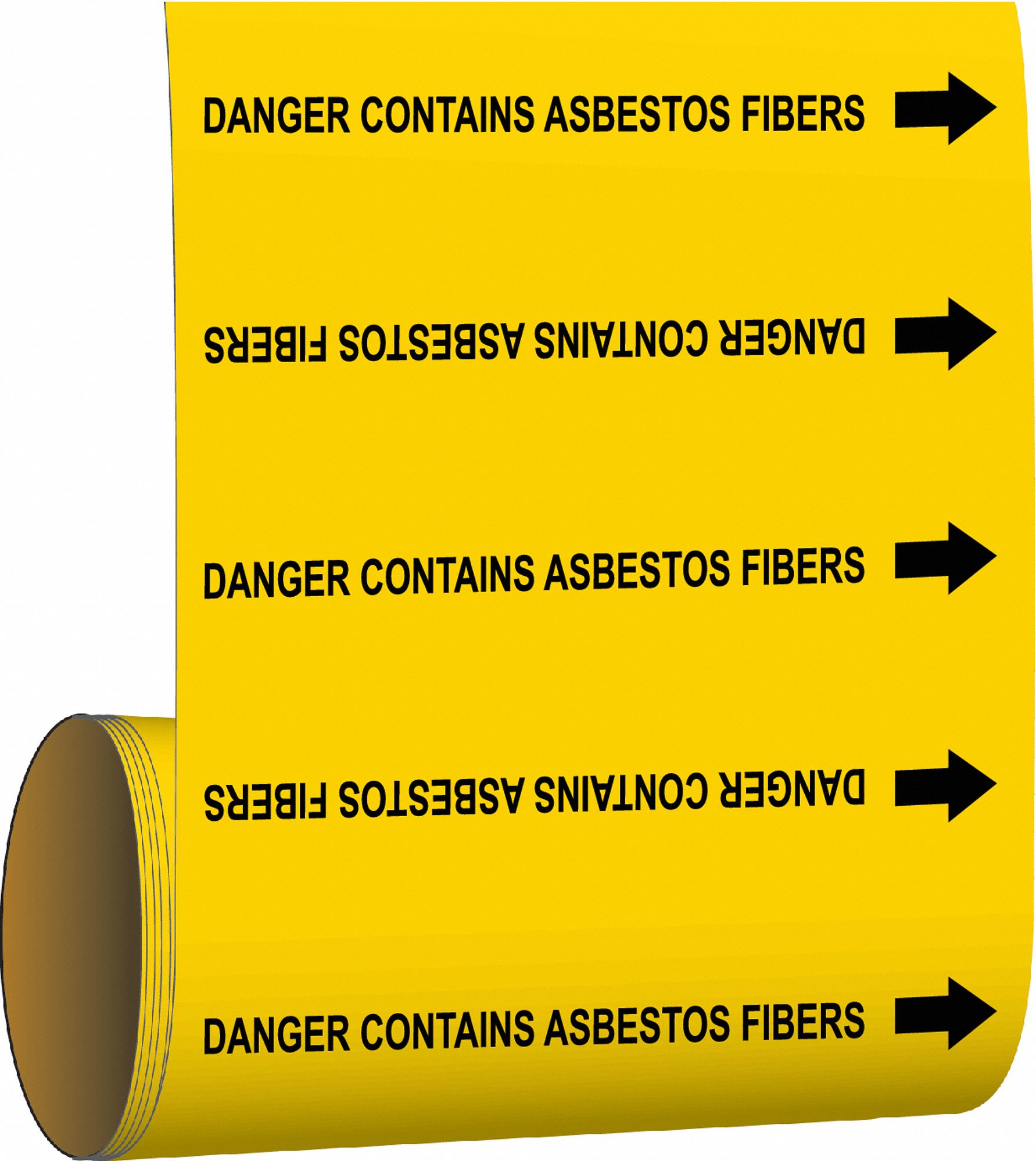 Pipe Marker: Danger Contains Asbestos Fibers, Yellow, Black, Fits 2 1/2 to 6 in Pipe O.D.