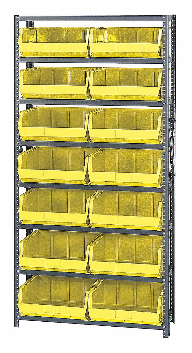 Bin Shelving: 36 in x 12 in x 75 in, 1 Sided, 14 Bins, Open, Yellow