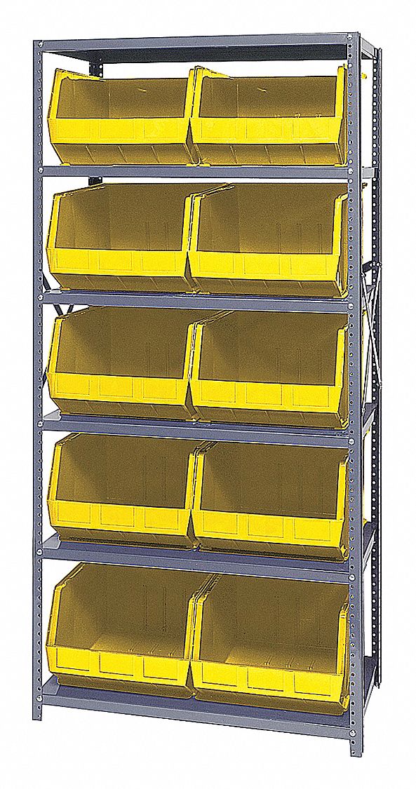 Bin Shelving: 36 in x 18 in x 75 in, 1 Sided, 10 Bins, Open, Yellow