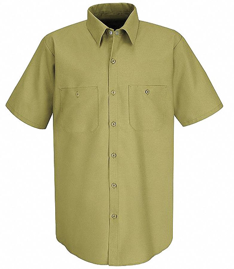 Short Sleeve Work Shirt: Men's, Short Sleeve, Regular, 15 1/2 in Neck Size, Khaki