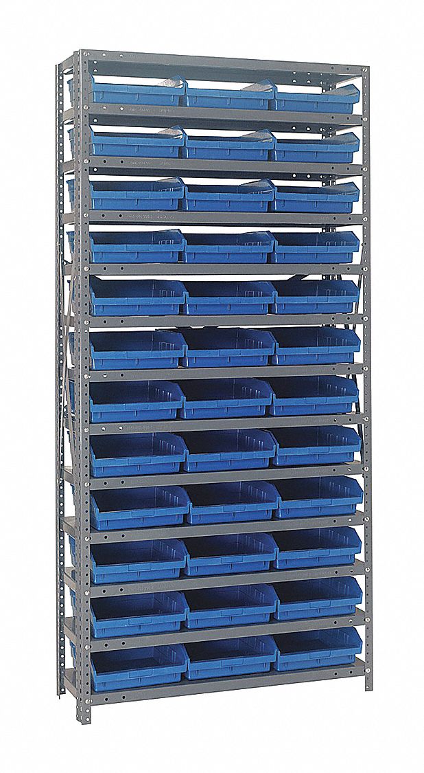 Bin Shelving: 36 in x 12 in x 75 in, 1 Sided, 36 Bins, Open, Shelf Bin, Blue