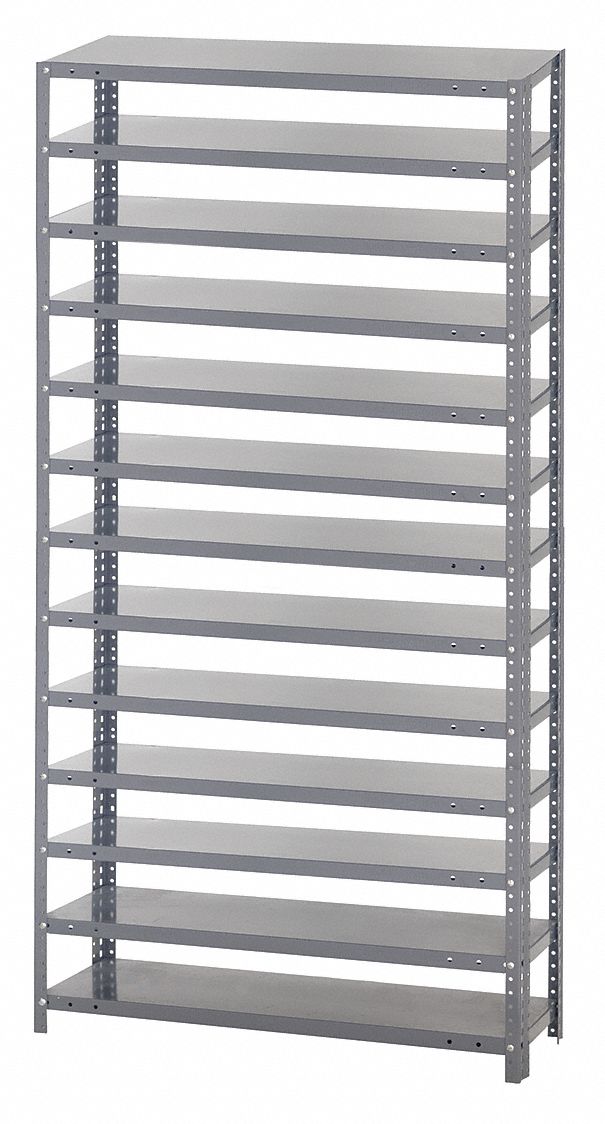 Bin Shelving: 36 in x 12 in x 75 in, 1 Sided, 0 Bins, 13 Shelves
