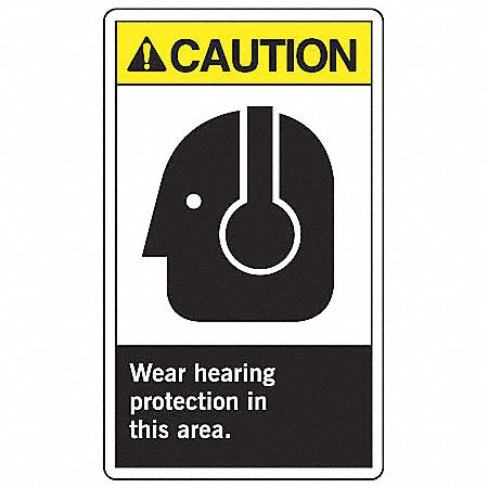SAFETY LABEL, VINYL, ADHESIVE MOUNT, 5X3½IN NOMINAL SIGN SIZE, 0.02IN THICK, 5 PK, WEAR HEARING PROTECTIONIN THIS AREA