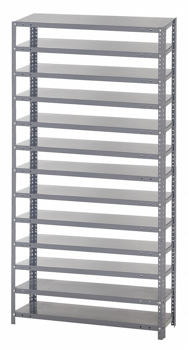 Bin Shelving: 36 in x 18 in x 75 in, 1 Sided, 0 Bins, 13 Shelves