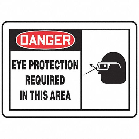 SAFETY LABEL, VINYL, ADHESIVE MOUNT, 3½X5IN NOMINAL SIGN SIZE, 0.02IN THICK, 5 PK, EYE PROTECTION REQUIRED IN THIS AREA