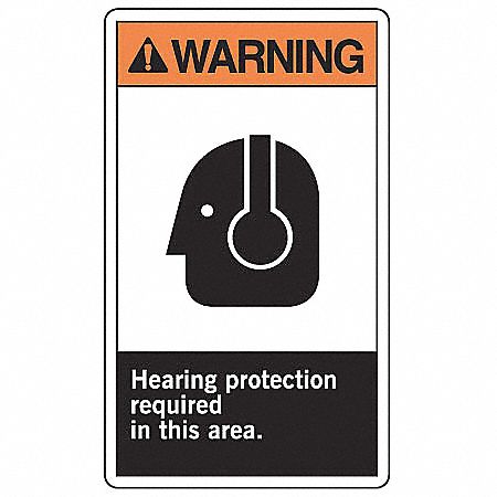 SAFETY LABEL, VINYL, ADHESIVE MOUNT, 5X3½ IN, 0.02 IN THICK, 5 PK, HEARING PROTECTION REQUIRED IN THIS AREA.