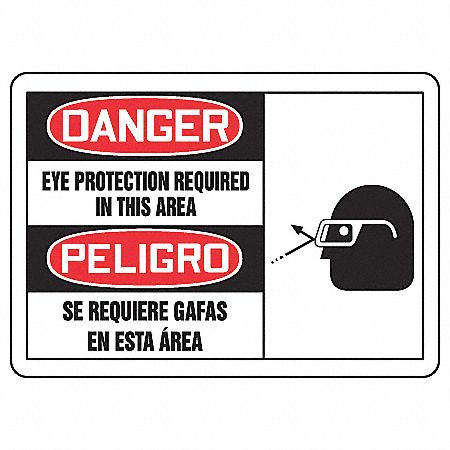 DANGER SIGN, VINYL, EYE PROTECTION REQUIRED IN THIS AREA/SE REQUIRE GAFAS EN ESTA AREA, HEADER DANGER, WHT/BLK/RED, 5 PK