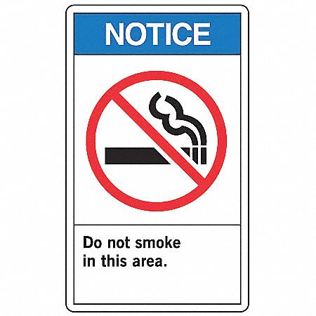 SAFETY LABEL, VINYL, ADHESIVE MOUNT, 5 IN X 3½ IN NOMINAL SIGN SIZE, 0.02 IN THICK, 5 PK, DO NOT SMOKE IN THIS AREA