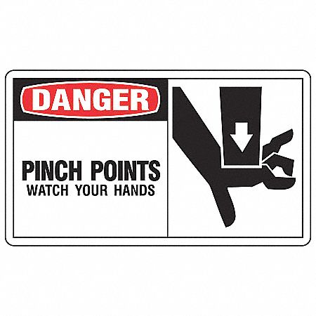 SAFETY LABEL, VINYL, ADHESIVE MOUNT, 3½ IN X 5 IN NOMINAL SIGN SIZE, 0.02 IN THICK, 5 PK, PINCH POINTS WATCH YOUR HANDS