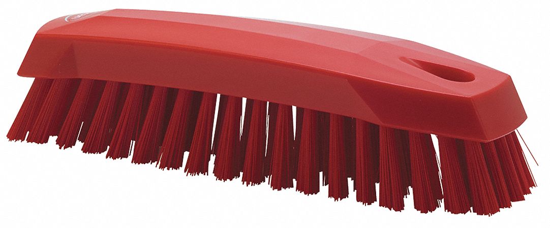 SCRUB BRUSH, MEDIUM, PLASTIC, 6½ IN BRUSH L, 6½ IN HANDLE L, 1¾ IN HEAD W, RED