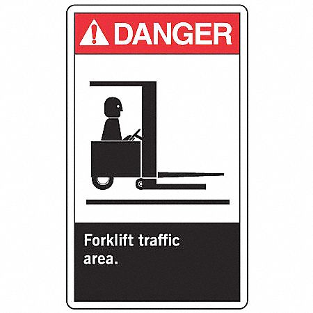 SAFETY LABEL, VINYL, ADHESIVE MOUNT, 5 IN X 3½ IN NOMINAL SIGN SIZE, 0.02 IN THICK, 5 PK, FORKLIFT TRAFFIC AREA.