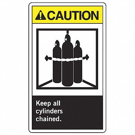 SAFETY LABEL, VINYL, ADHESIVE MOUNT, 5 IN X 3½ IN NOMINAL SIGN SIZE, 0.02 IN THICK, 5 PK, KEEP ALL CYLINDERS CHAINED.
