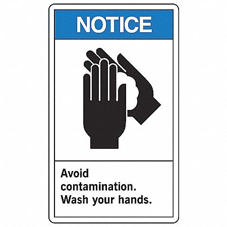 SAFETY LABEL, VINYL, ADHESIVE MOUNT, 5X3½IN NOMINAL SIGN SIZE, 0.02IN THICK, 5 PK, AVOID CONTAMINATION. WASH YOUR HANDS