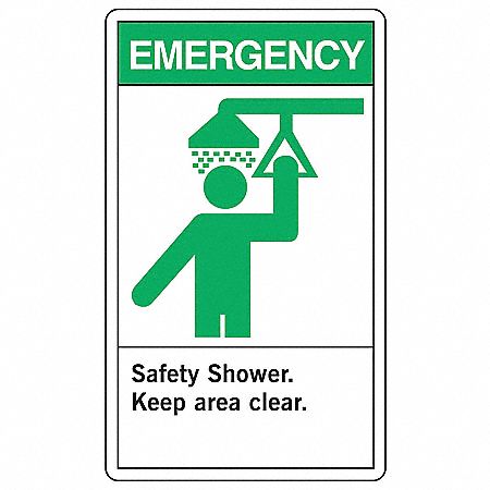 SAFETY LABEL, VINYL, ADHESIVE MOUNT, 5 X 3½ IN NOMINAL SIGN SIZE, 0.02 IN THICK, 5 PK, SAFETY SHOWER. KEEP AREA CLEAR