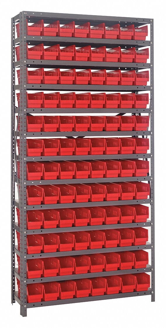 Bin Shelving: 36 in x 18 in x 75 in, 1 Sided, 96 Bins, Open, Shelf Bin, Red
