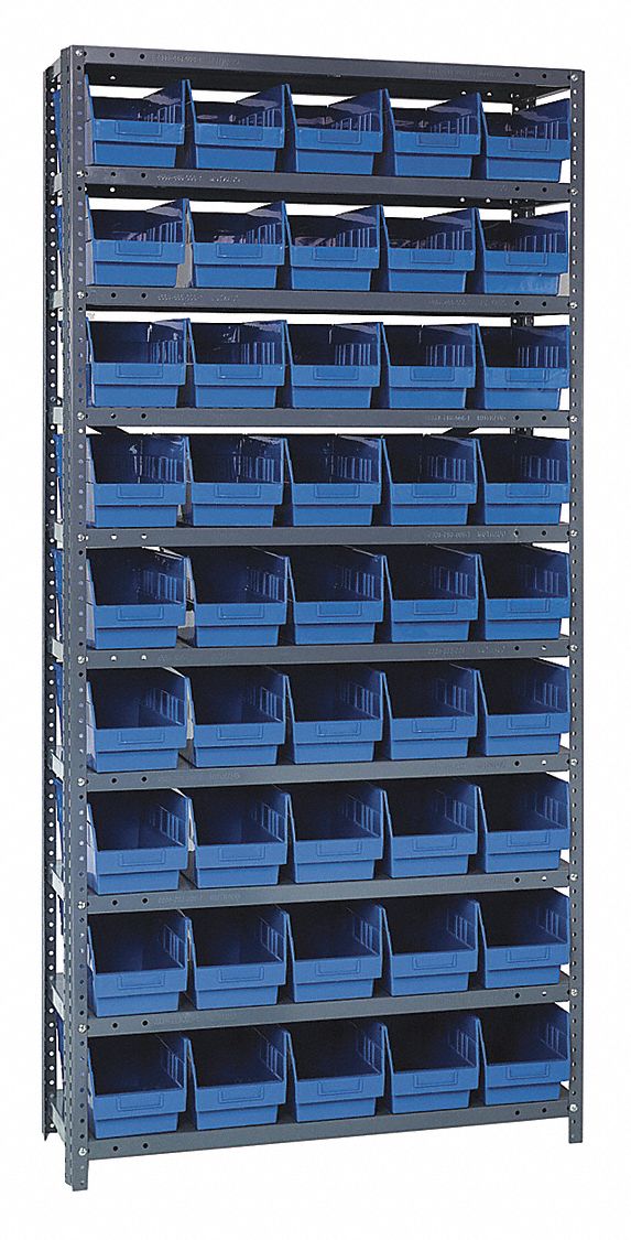 Bin Shelving: 36 in x 18 in x 75 in, 1 Sided, 60 Bins, Open, Shelf Bin, Blue
