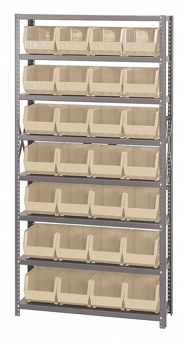 Bin Shelving: 36 in x 12 in x 75 in, 1 Sided, 28 Bins, Open, White