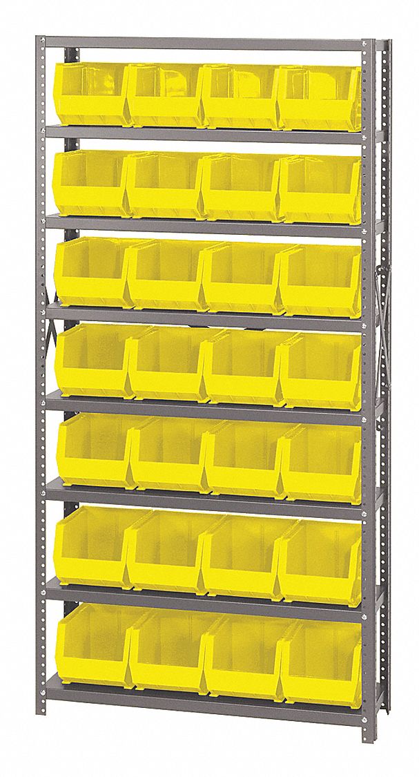 Bin Shelving: 36 in x 12 in x 75 in, 1 Sided, 28 Bins, Open, Yellow